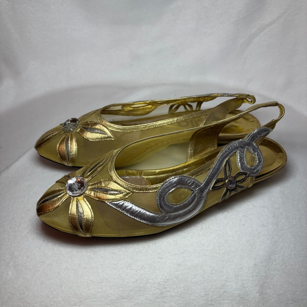 Vintage House of Zalo Gold Mesh Slingback Flats Floral Rhinestone Womens 7.5 M